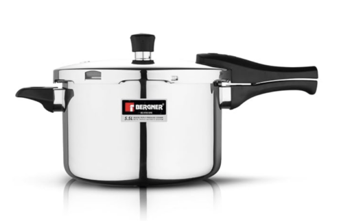 Bergner Argent Elements Triply Stainless Steel 5.5 L Outer Lid Pressure Cooker, Triply Bottom Pressure Cooker, Safety Gasket and GRS, Mirror Finish, Induction Bottom and Gas Ready - Silver